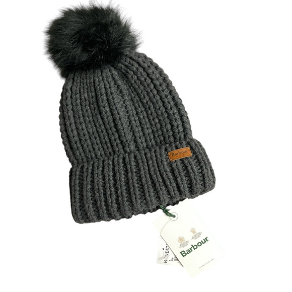 Barbour Saltburn Faux Fur Pom-Pom Beanie Hat Gray Knit Leather Outdoors Ski - Picture 1 of 9